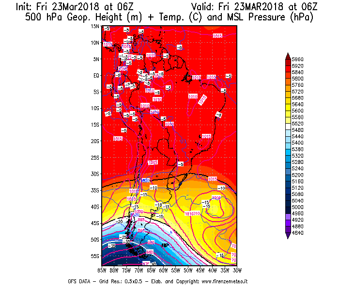 Mappa di analisi GFS - Geopotenziale [m] + Temp. [°C] a 500 hPa + Press. a livello del mare [hPa] in Sud-America
									del 23/03/2018 06 <!--googleoff: index-->UTC<!--googleon: index-->