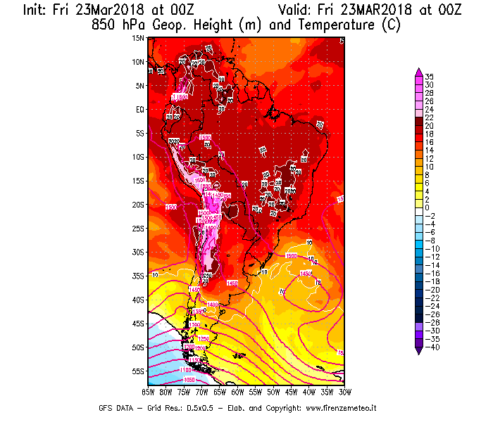 Mappa di analisi GFS - Geopotenziale [m] e Temperatura [°C] a 850 hPa in Sud-America
									del 23/03/2018 00 <!--googleoff: index-->UTC<!--googleon: index-->