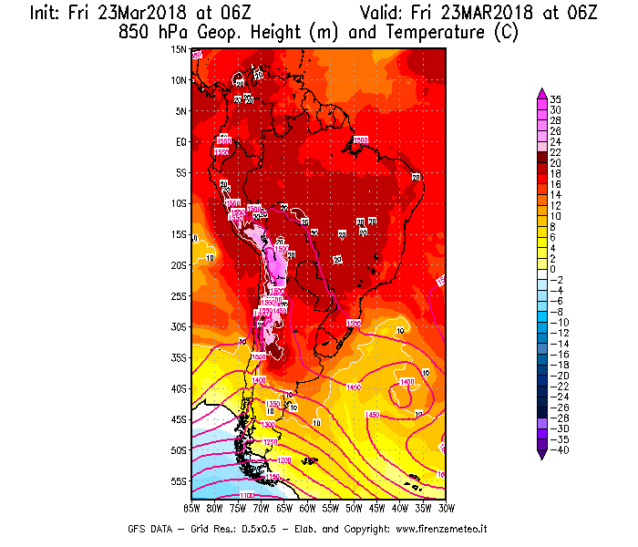 Mappa di analisi GFS - Geopotenziale [m] e Temperatura [°C] a 850 hPa in Sud-America
									del 23/03/2018 06 <!--googleoff: index-->UTC<!--googleon: index-->