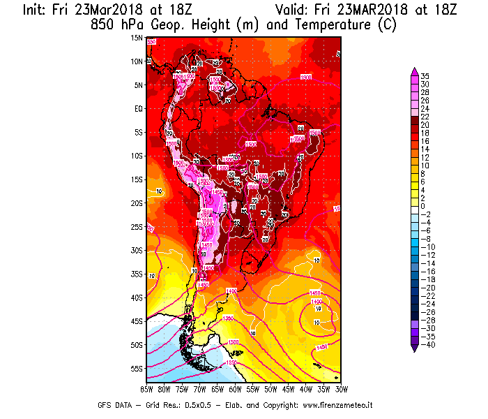 Mappa di analisi GFS - Geopotenziale [m] e Temperatura [°C] a 850 hPa in Sud-America
									del 23/03/2018 18 <!--googleoff: index-->UTC<!--googleon: index-->