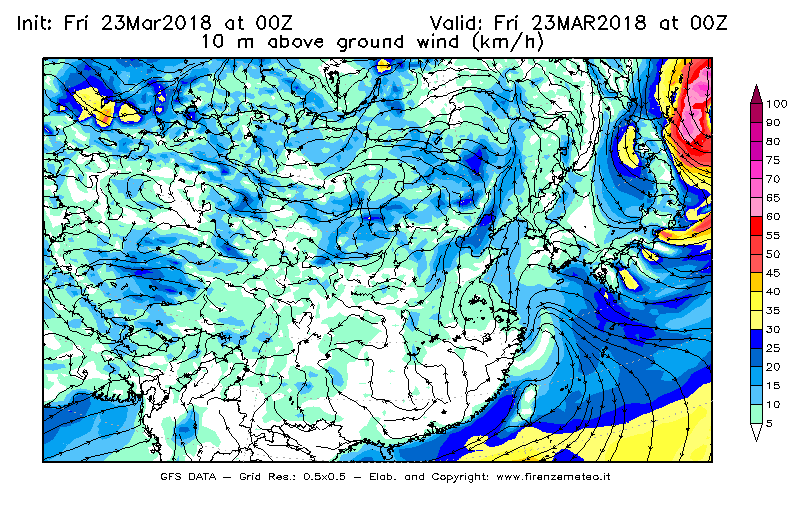 Mappa di analisi GFS - Velocità del vento a 10 metri dal suolo [km/h] in Asia Orientale
									del 23/03/2018 00 <!--googleoff: index-->UTC<!--googleon: index-->