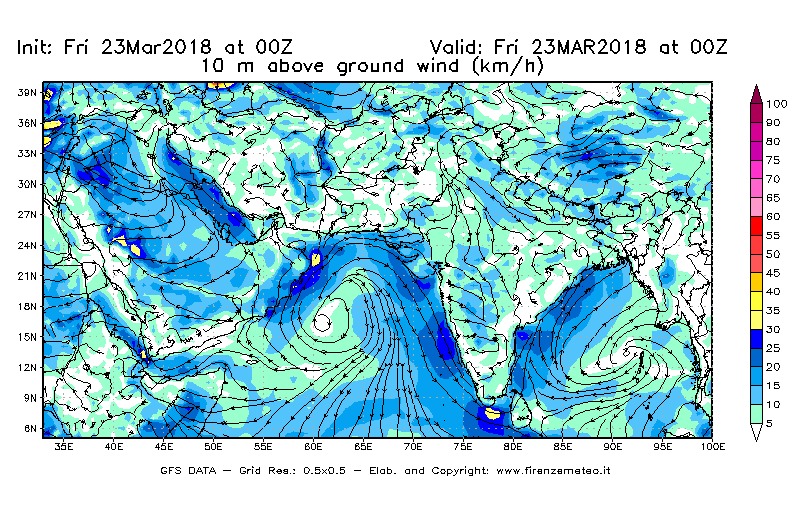 Mappa di analisi GFS - Velocità del vento a 10 metri dal suolo [km/h] in Asia Sud-Occidentale
									del 23/03/2018 00 <!--googleoff: index-->UTC<!--googleon: index-->
