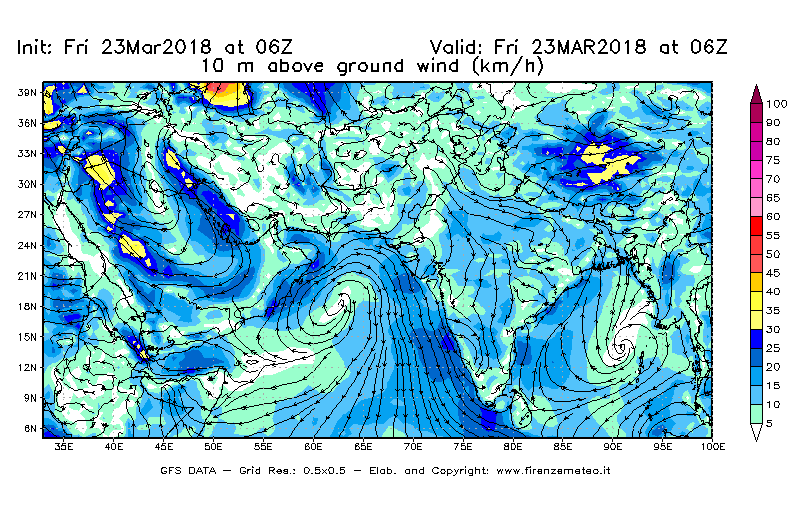 Mappa di analisi GFS - Velocità del vento a 10 metri dal suolo [km/h] in Asia Sud-Occidentale
									del 23/03/2018 06 <!--googleoff: index-->UTC<!--googleon: index-->
