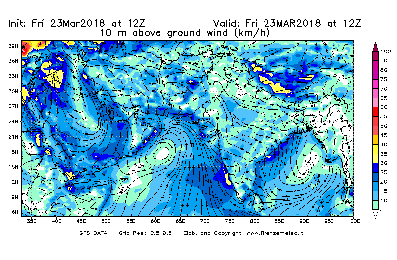 Mappa di analisi GFS - Velocità del vento a 10 metri dal suolo [km/h] in Asia Sud-Occidentale
									del 23/03/2018 12 <!--googleoff: index-->UTC<!--googleon: index-->