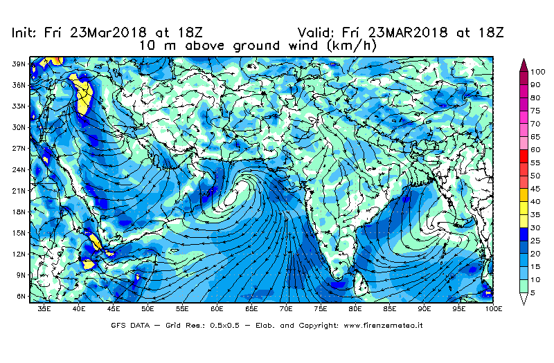 Mappa di analisi GFS - Velocità del vento a 10 metri dal suolo [km/h] in Asia Sud-Occidentale
									del 23/03/2018 18 <!--googleoff: index-->UTC<!--googleon: index-->