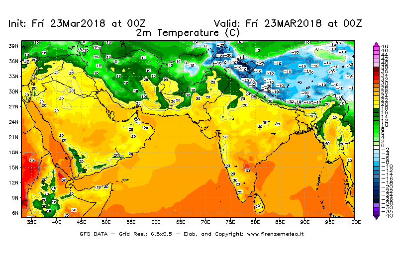 Mappa di analisi GFS - Temperatura a 2 metri dal suolo [°C] in Asia Sud-Occidentale
									del 23/03/2018 00 <!--googleoff: index-->UTC<!--googleon: index-->