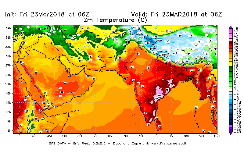 Mappa di analisi GFS - Temperatura a 2 metri dal suolo [°C] in Asia Sud-Occidentale
									del 23/03/2018 06 <!--googleoff: index-->UTC<!--googleon: index-->