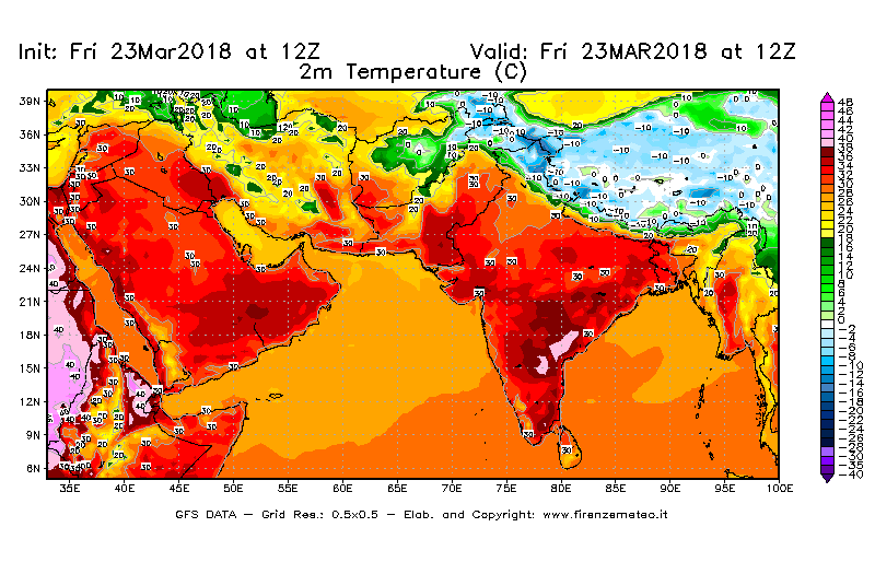 Mappa di analisi GFS - Temperatura a 2 metri dal suolo [°C] in Asia Sud-Occidentale
									del 23/03/2018 12 <!--googleoff: index-->UTC<!--googleon: index-->