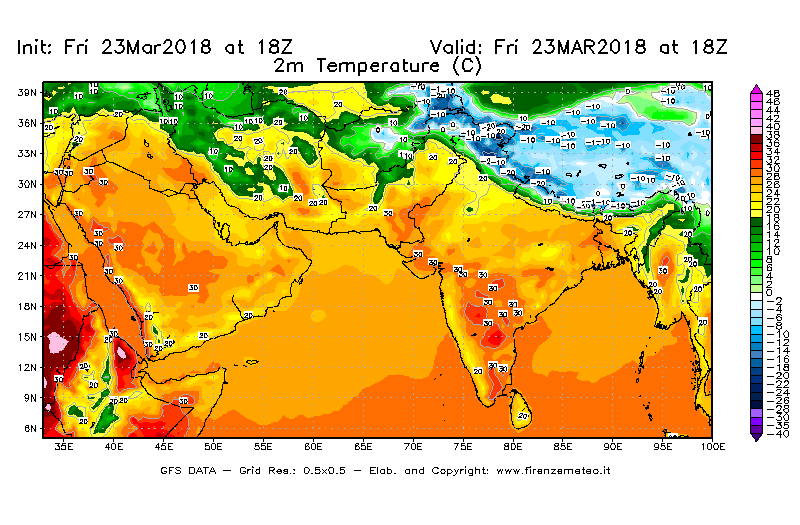 Mappa di analisi GFS - Temperatura a 2 metri dal suolo [°C] in Asia Sud-Occidentale
									del 23/03/2018 18 <!--googleoff: index-->UTC<!--googleon: index-->