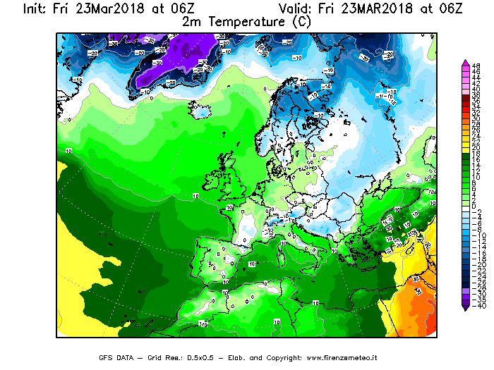 Mappa di analisi GFS - Temperatura a 2 metri dal suolo [°C] in Europa
									del 23/03/2018 06 <!--googleoff: index-->UTC<!--googleon: index-->