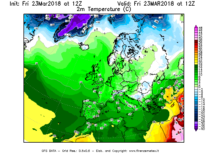 Mappa di analisi GFS - Temperatura a 2 metri dal suolo [°C] in Europa
									del 23/03/2018 12 <!--googleoff: index-->UTC<!--googleon: index-->