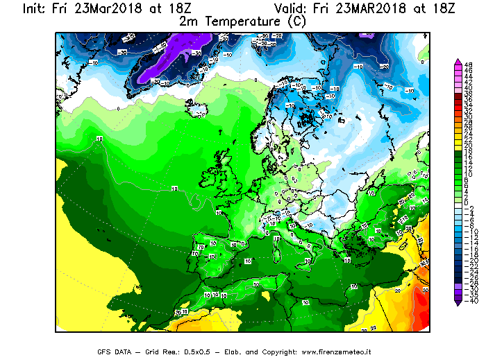 Mappa di analisi GFS - Temperatura a 2 metri dal suolo [°C] in Europa
									del 23/03/2018 18 <!--googleoff: index-->UTC<!--googleon: index-->