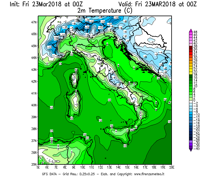 Mappa di analisi GFS - Temperatura a 2 metri dal suolo [°C] in Italia
									del 23/03/2018 00 <!--googleoff: index-->UTC<!--googleon: index-->