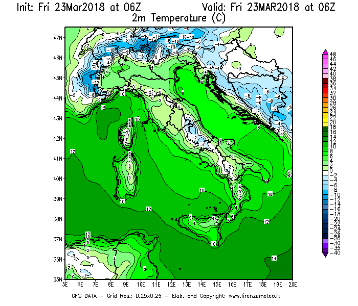 Mappa di analisi GFS - Temperatura a 2 metri dal suolo [°C] in Italia
									del 23/03/2018 06 <!--googleoff: index-->UTC<!--googleon: index-->