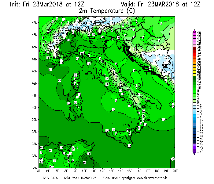 Mappa di analisi GFS - Temperatura a 2 metri dal suolo [°C] in Italia
									del 23/03/2018 12 <!--googleoff: index-->UTC<!--googleon: index-->