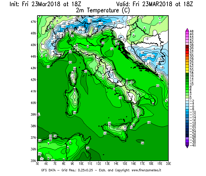 Mappa di analisi GFS - Temperatura a 2 metri dal suolo [°C] in Italia
									del 23/03/2018 18 <!--googleoff: index-->UTC<!--googleon: index-->