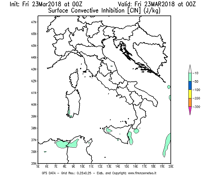 Mappa di analisi GFS - CIN [J/kg] in Italia
									del 23/03/2018 00 <!--googleoff: index-->UTC<!--googleon: index-->