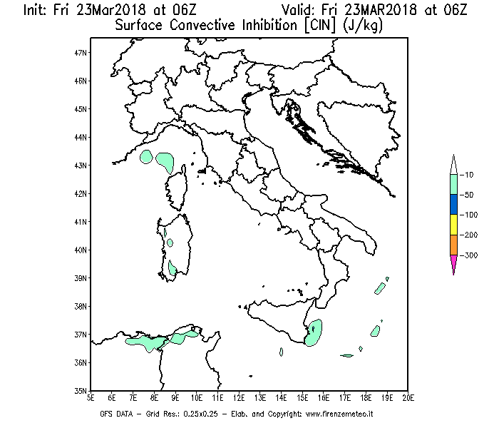 Mappa di analisi GFS - CIN [J/kg] in Italia
									del 23/03/2018 06 <!--googleoff: index-->UTC<!--googleon: index-->