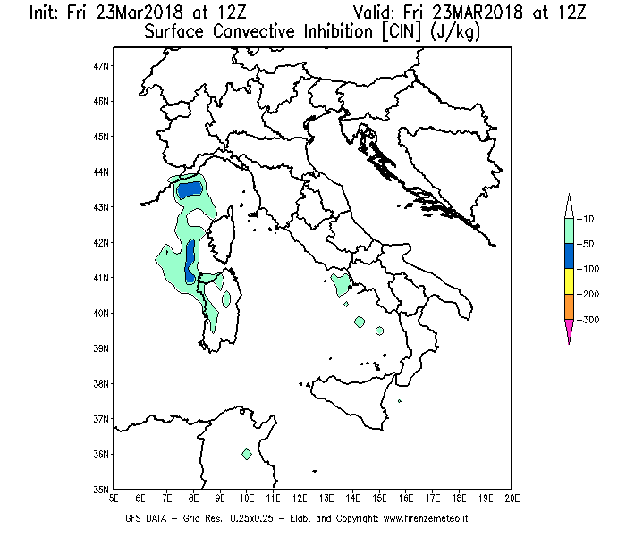 Mappa di analisi GFS - CIN [J/kg] in Italia
									del 23/03/2018 12 <!--googleoff: index-->UTC<!--googleon: index-->