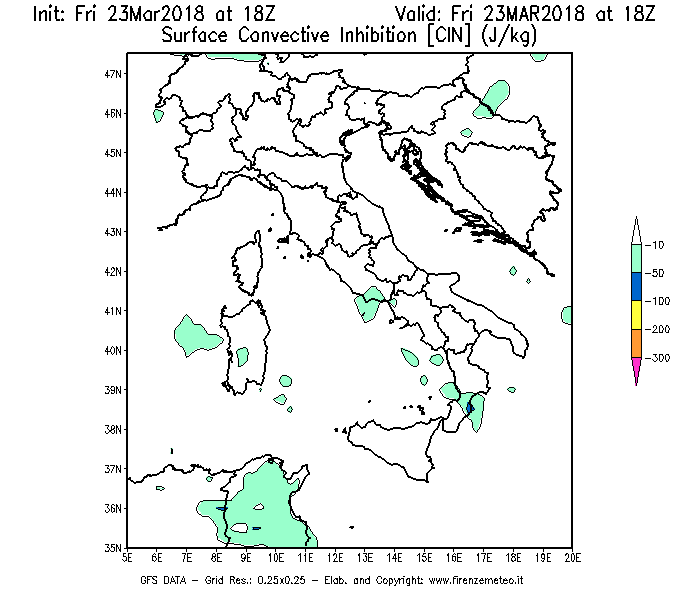 Mappa di analisi GFS - CIN [J/kg] in Italia
									del 23/03/2018 18 <!--googleoff: index-->UTC<!--googleon: index-->