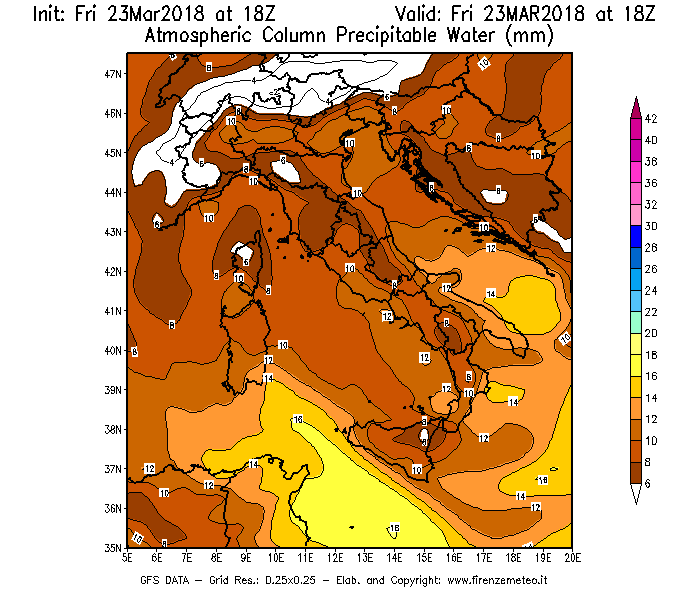 Mappa di analisi GFS - Precipitable Water [mm] in Italia
									del 23/03/2018 18 <!--googleoff: index-->UTC<!--googleon: index-->