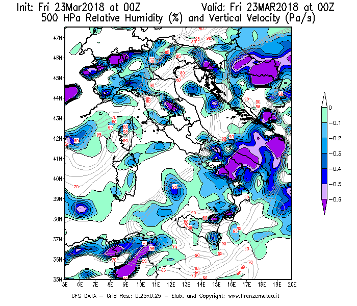 Mappa di analisi GFS - Umidità relativa [%] e Omega [Pa/s] a 500 hPa in Italia
									del 23/03/2018 00 <!--googleoff: index-->UTC<!--googleon: index-->