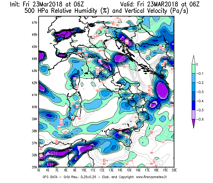 Mappa di analisi GFS - Umidità relativa [%] e Omega [Pa/s] a 500 hPa in Italia
									del 23/03/2018 06 <!--googleoff: index-->UTC<!--googleon: index-->
