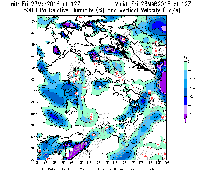 Mappa di analisi GFS - Umidità relativa [%] e Omega [Pa/s] a 500 hPa in Italia
									del 23/03/2018 12 <!--googleoff: index-->UTC<!--googleon: index-->