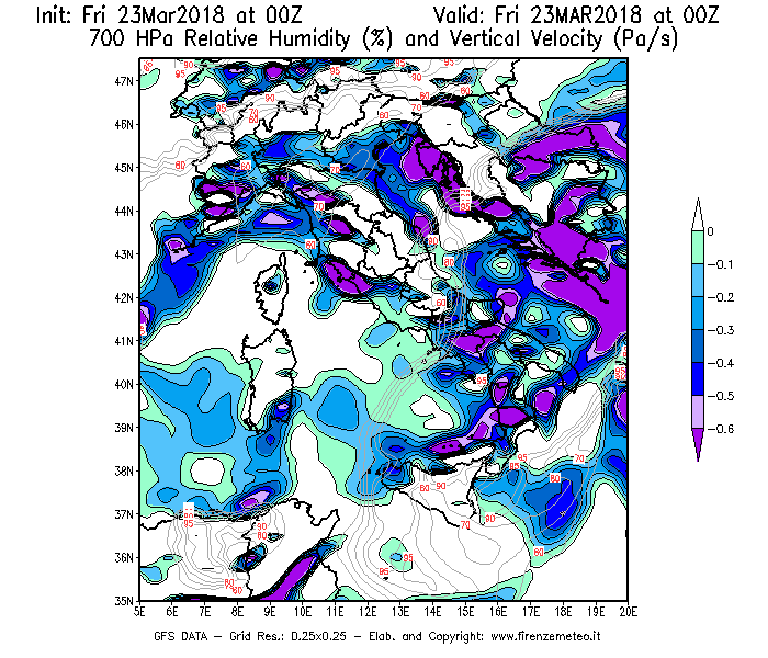Mappa di analisi GFS - Umidità relativa [%] e Omega [Pa/s] a 700 hPa in Italia
									del 23/03/2018 00 <!--googleoff: index-->UTC<!--googleon: index-->