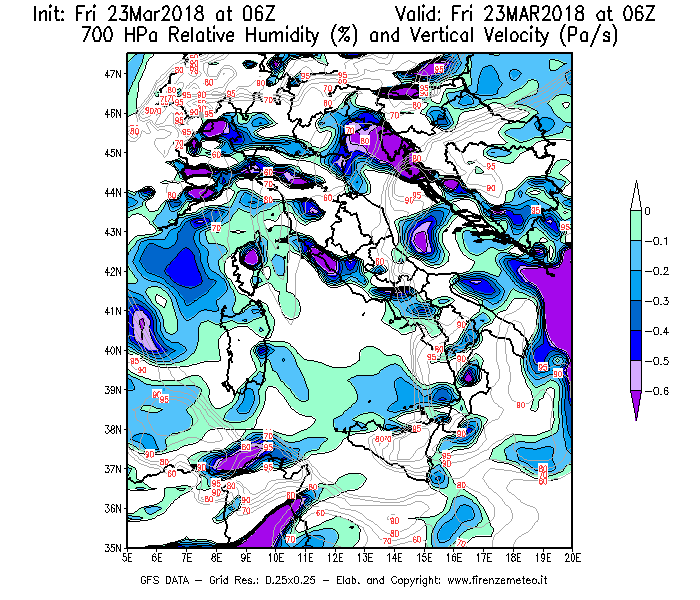 Mappa di analisi GFS - Umidità relativa [%] e Omega [Pa/s] a 700 hPa in Italia
									del 23/03/2018 06 <!--googleoff: index-->UTC<!--googleon: index-->