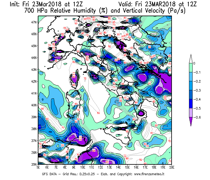 Mappa di analisi GFS - Umidità relativa [%] e Omega [Pa/s] a 700 hPa in Italia
									del 23/03/2018 12 <!--googleoff: index-->UTC<!--googleon: index-->