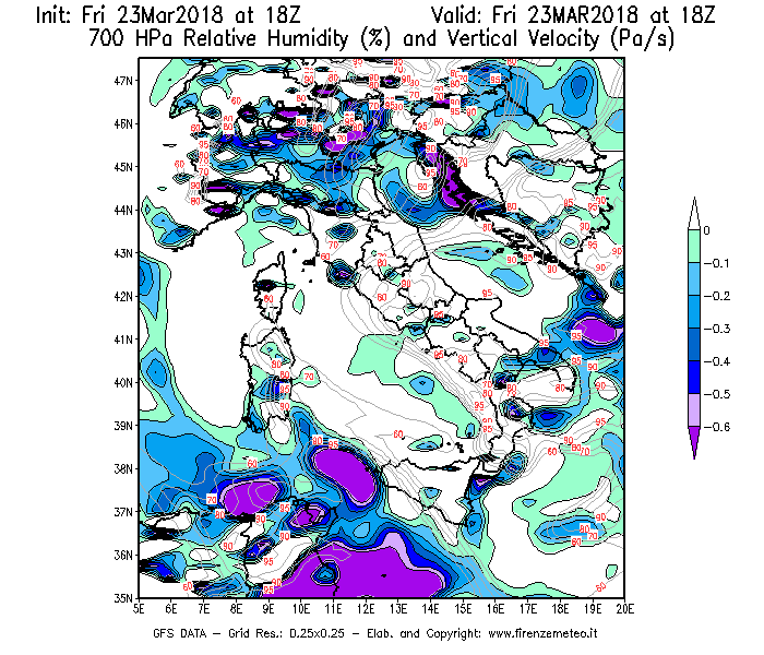 Mappa di analisi GFS - Umidità relativa [%] e Omega [Pa/s] a 700 hPa in Italia
									del 23/03/2018 18 <!--googleoff: index-->UTC<!--googleon: index-->