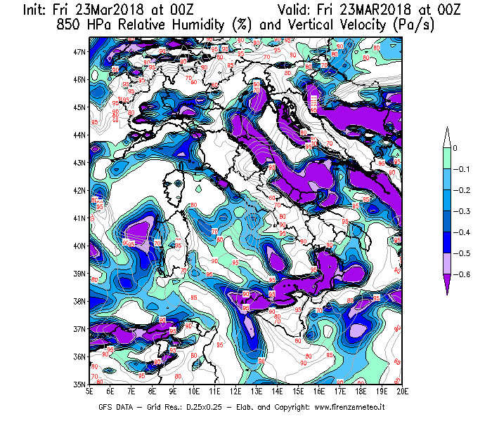 Mappa di analisi GFS - Umidità relativa [%] e Omega [Pa/s] a 850 hPa in Italia
									del 23/03/2018 00 <!--googleoff: index-->UTC<!--googleon: index-->