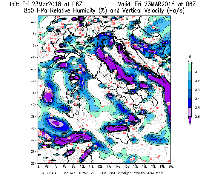 Mappa di analisi GFS - Umidità relativa [%] e Omega [Pa/s] a 850 hPa in Italia
									del 23/03/2018 06 <!--googleoff: index-->UTC<!--googleon: index-->