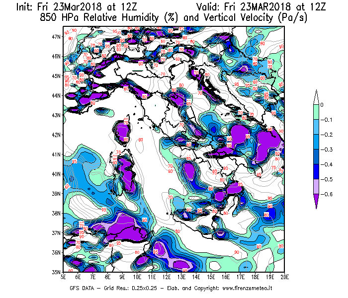 Mappa di analisi GFS - Umidità relativa [%] e Omega [Pa/s] a 850 hPa in Italia
									del 23/03/2018 12 <!--googleoff: index-->UTC<!--googleon: index-->