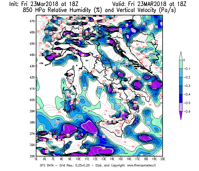 Mappa di analisi GFS - Umidità relativa [%] e Omega [Pa/s] a 850 hPa in Italia
									del 23/03/2018 18 <!--googleoff: index-->UTC<!--googleon: index-->