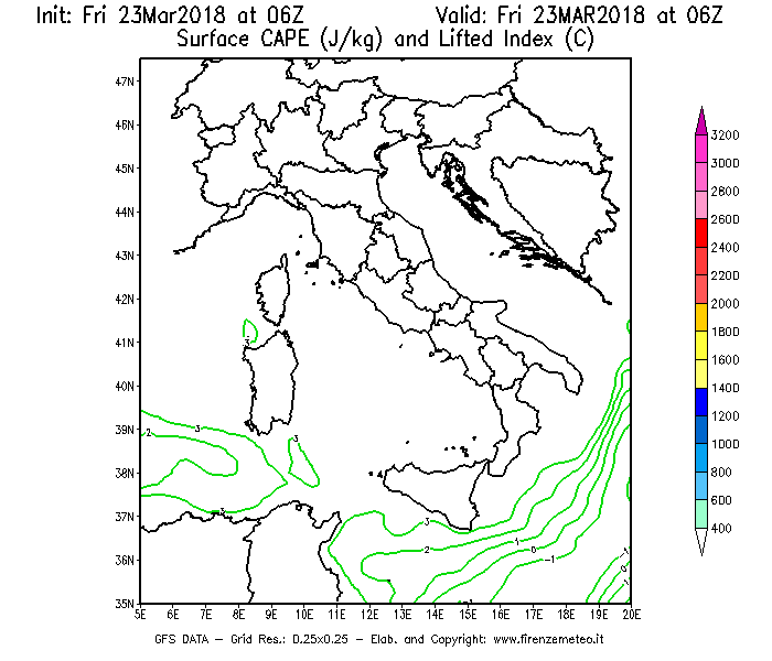 Mappa di analisi GFS - CAPE [J/kg] e Lifted Index [°C] in Italia
									del 23/03/2018 06 <!--googleoff: index-->UTC<!--googleon: index-->