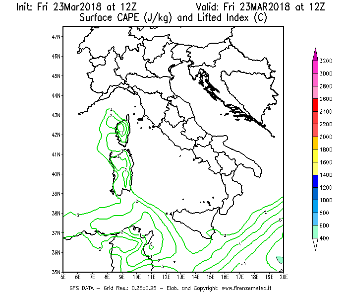 Mappa di analisi GFS - CAPE [J/kg] e Lifted Index [°C] in Italia
									del 23/03/2018 12 <!--googleoff: index-->UTC<!--googleon: index-->