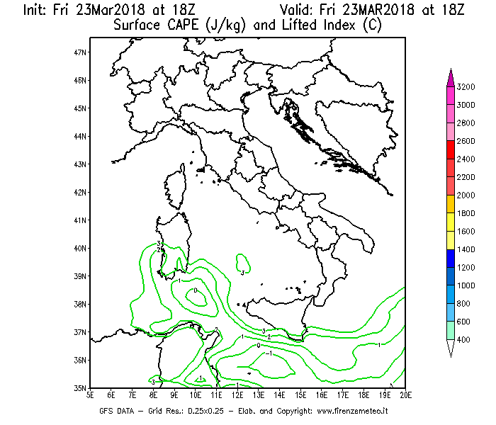Mappa di analisi GFS - CAPE [J/kg] e Lifted Index [°C] in Italia
									del 23/03/2018 18 <!--googleoff: index-->UTC<!--googleon: index-->