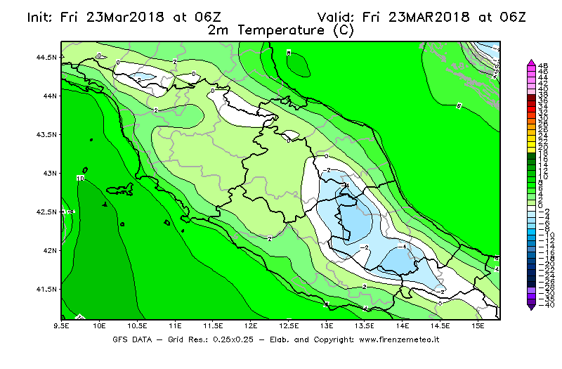 Mappa di analisi GFS - Temperatura a 2 metri dal suolo [°C] in Centro-Italia
									del 23/03/2018 06 <!--googleoff: index-->UTC<!--googleon: index-->