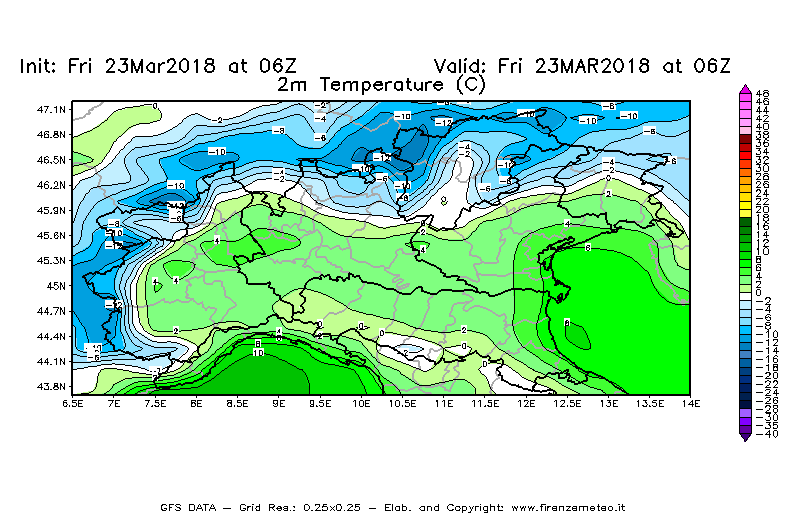 Mappa di analisi GFS - Temperatura a 2 metri dal suolo [°C] in Nord-Italia
									del 23/03/2018 06 <!--googleoff: index-->UTC<!--googleon: index-->