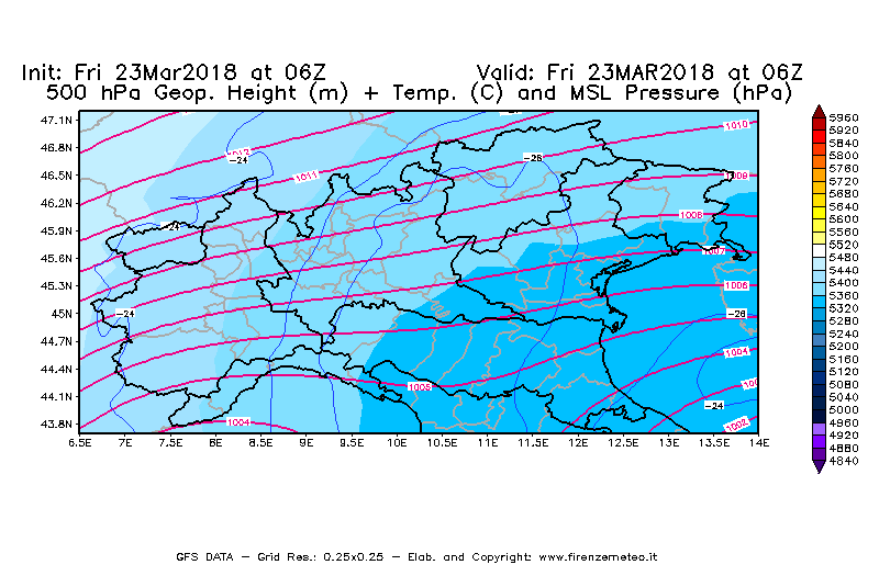 Mappa di analisi GFS - Geopotenziale [m] + Temp. [°C] a 500 hPa + Press. a livello del mare [hPa] in Nord-Italia
									del 23/03/2018 06 <!--googleoff: index-->UTC<!--googleon: index-->