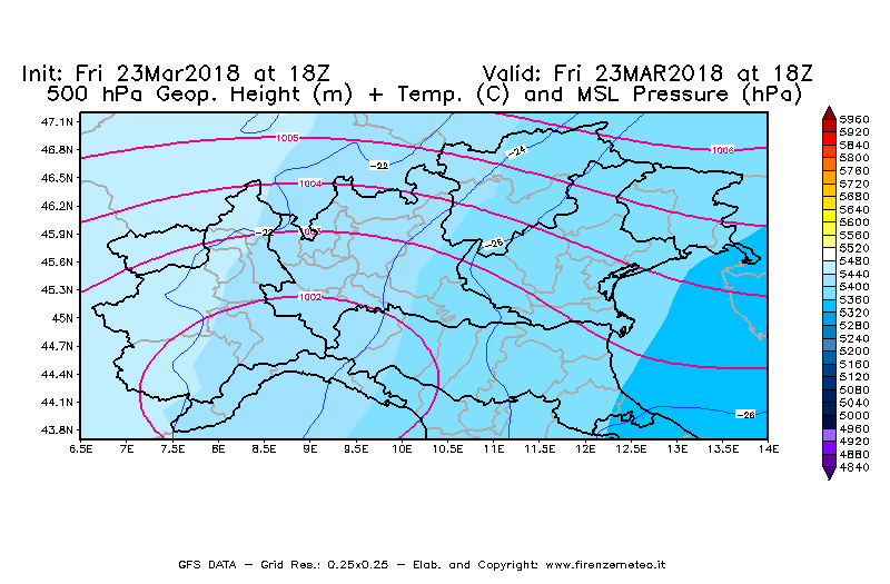 Mappa di analisi GFS - Geopotenziale [m] + Temp. [°C] a 500 hPa + Press. a livello del mare [hPa] in Nord-Italia
									del 23/03/2018 18 <!--googleoff: index-->UTC<!--googleon: index-->