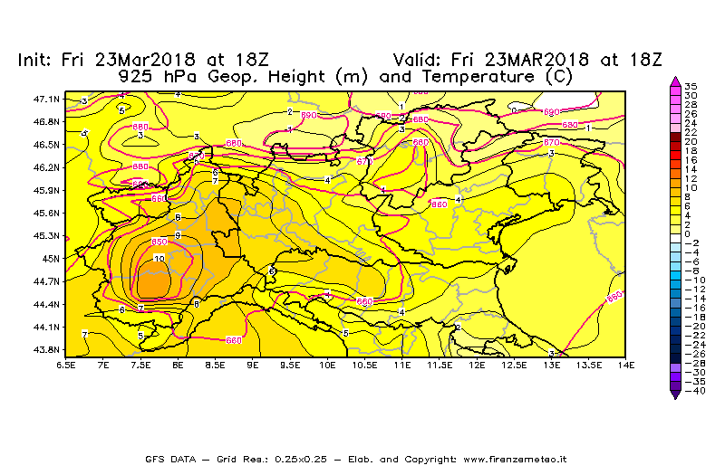Mappa di analisi GFS - Geopotenziale [m] e Temperatura [°C] a 925 hPa in Nord-Italia
									del 23/03/2018 18 <!--googleoff: index-->UTC<!--googleon: index-->