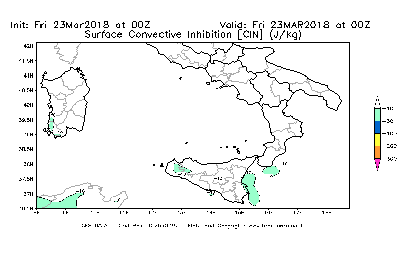 Mappa di analisi GFS - CIN [J/kg] in Sud-Italia
									del 23/03/2018 00 <!--googleoff: index-->UTC<!--googleon: index-->