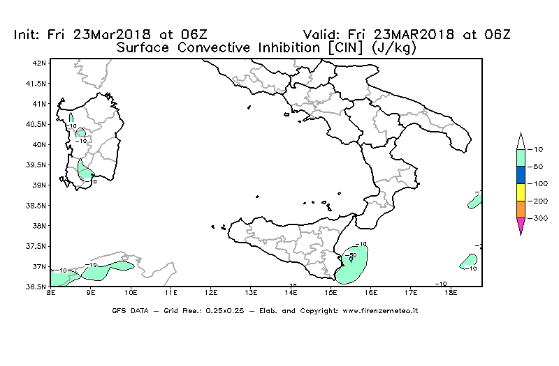 Mappa di analisi GFS - CIN [J/kg] in Sud-Italia
									del 23/03/2018 06 <!--googleoff: index-->UTC<!--googleon: index-->