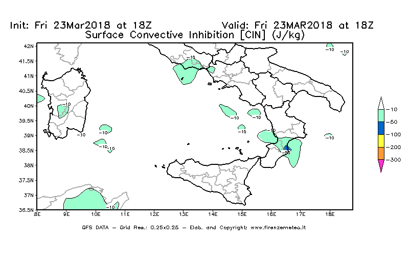Mappa di analisi GFS - CIN [J/kg] in Sud-Italia
									del 23/03/2018 18 <!--googleoff: index-->UTC<!--googleon: index-->