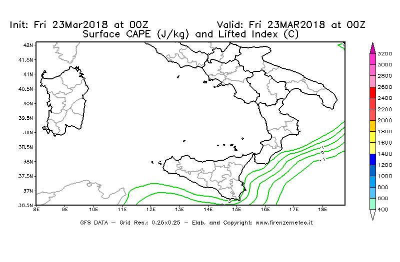 Mappa di analisi GFS - CAPE [J/kg] e Lifted Index [°C] in Sud-Italia
									del 23/03/2018 00 <!--googleoff: index-->UTC<!--googleon: index-->