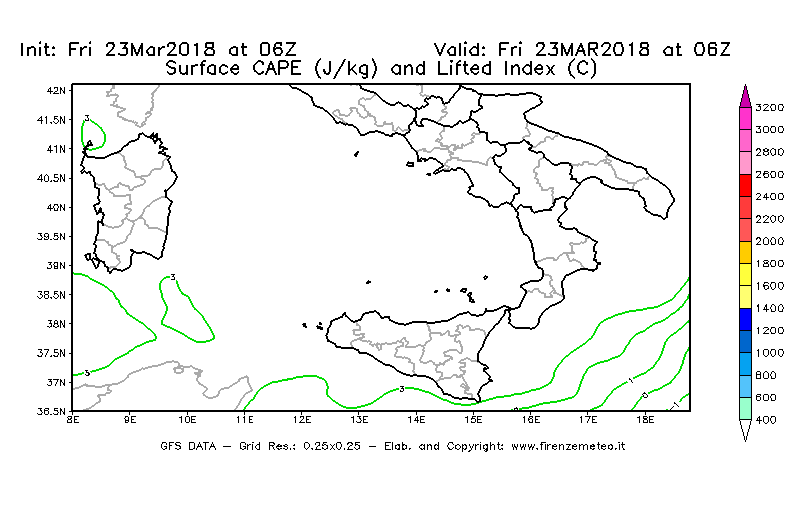 Mappa di analisi GFS - CAPE [J/kg] e Lifted Index [°C] in Sud-Italia
									del 23/03/2018 06 <!--googleoff: index-->UTC<!--googleon: index-->
