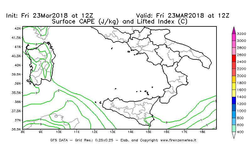 Mappa di analisi GFS - CAPE [J/kg] e Lifted Index [°C] in Sud-Italia
									del 23/03/2018 12 <!--googleoff: index-->UTC<!--googleon: index-->
